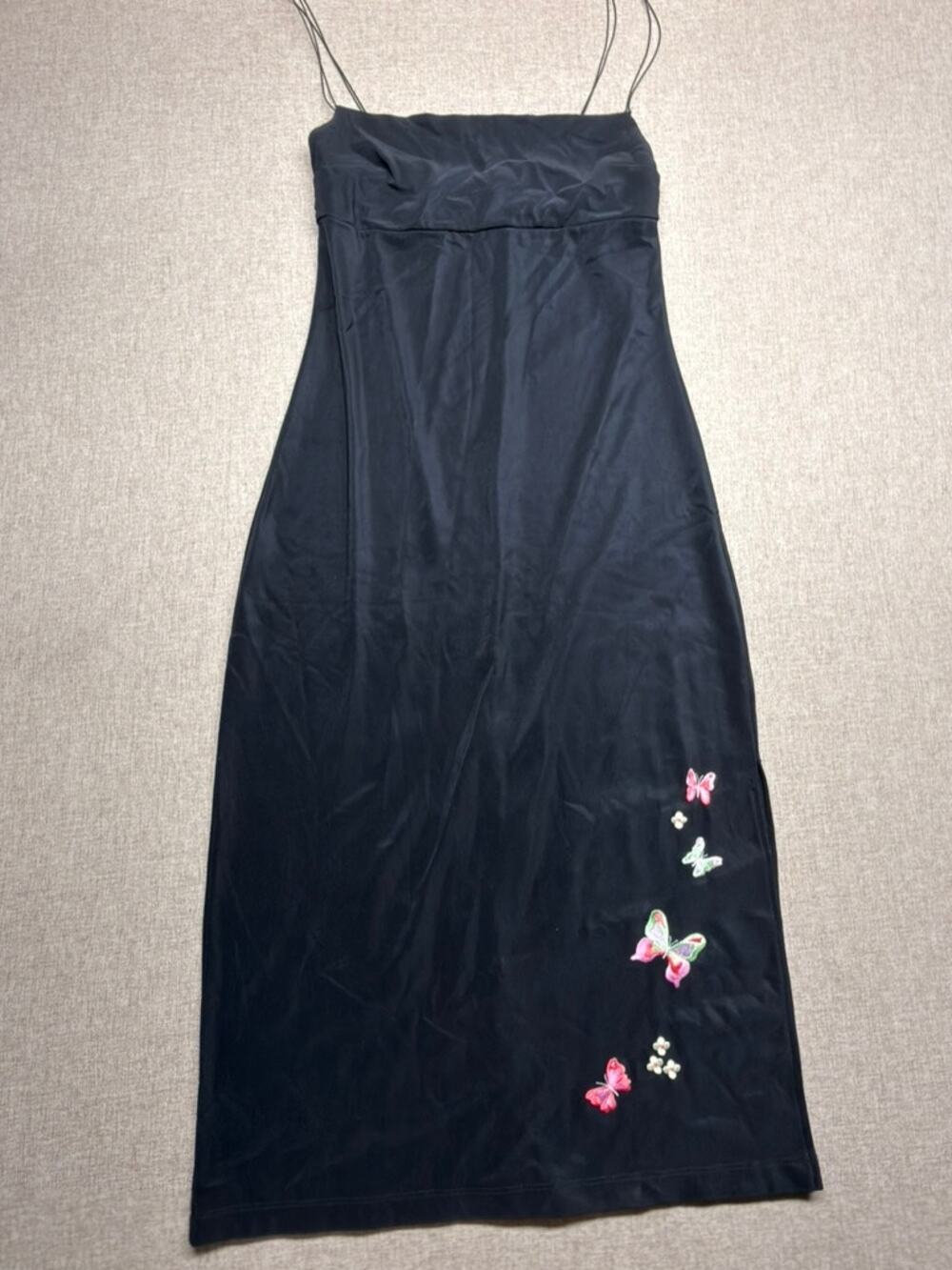 Necessary Objects Black Butterfly Embroidered Maxi Dress Medium 90s Slip Dress